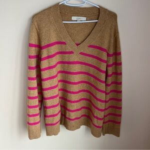 Loft v-neck tan pink striped sweater women’s size XL preppy stretch tunic